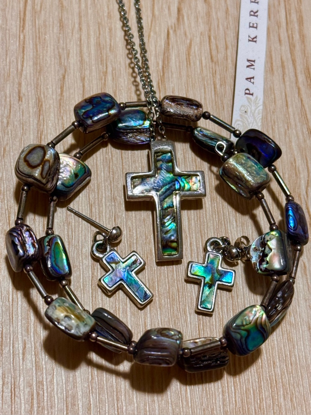 Vintage Abalone Cross Necklace, Earrings and Bracelet Jewelry Set